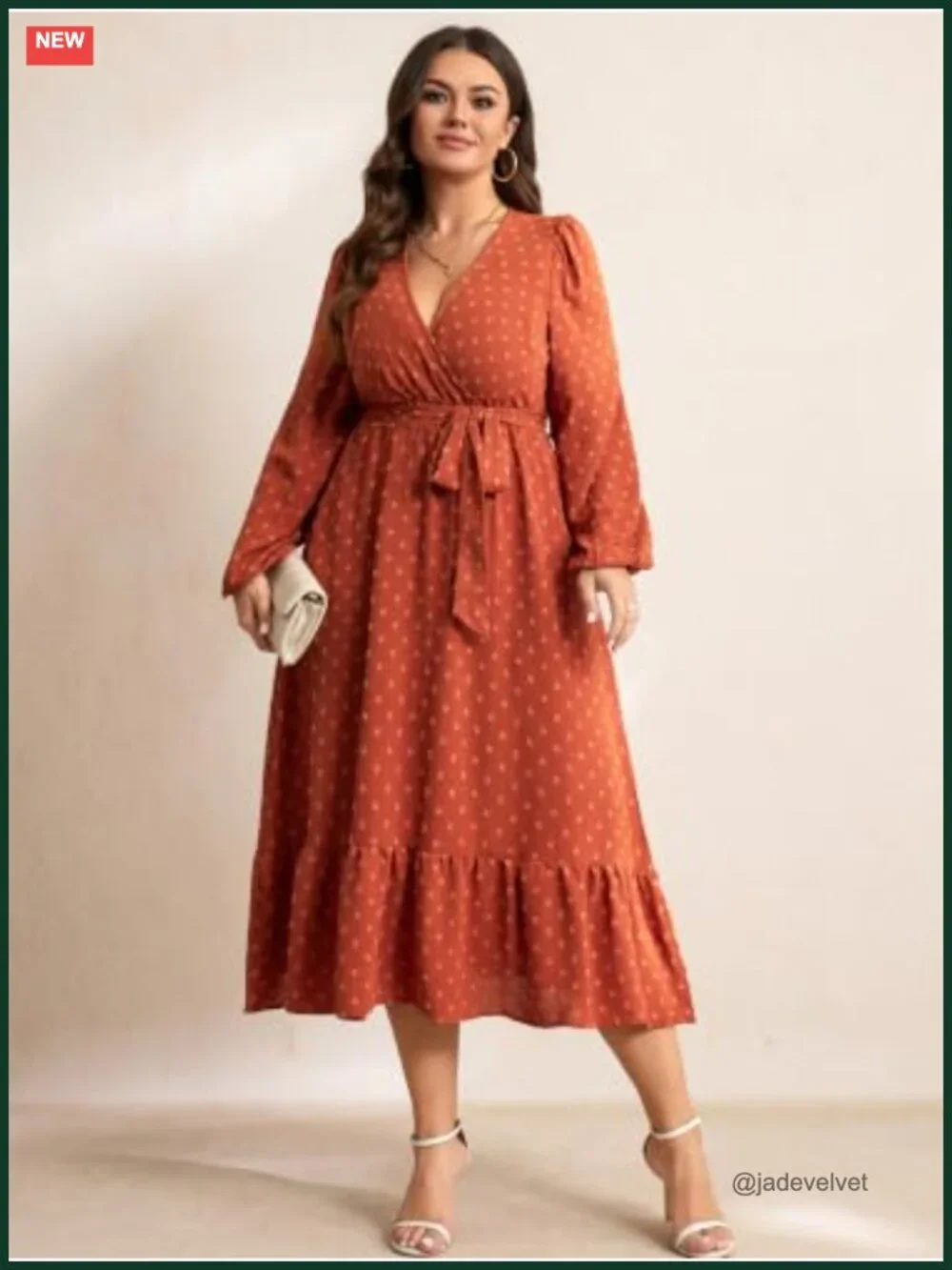 Plus Size Wrap V-Neck Long Sleeve Maxi Dress Swiss Dot with Pockets
